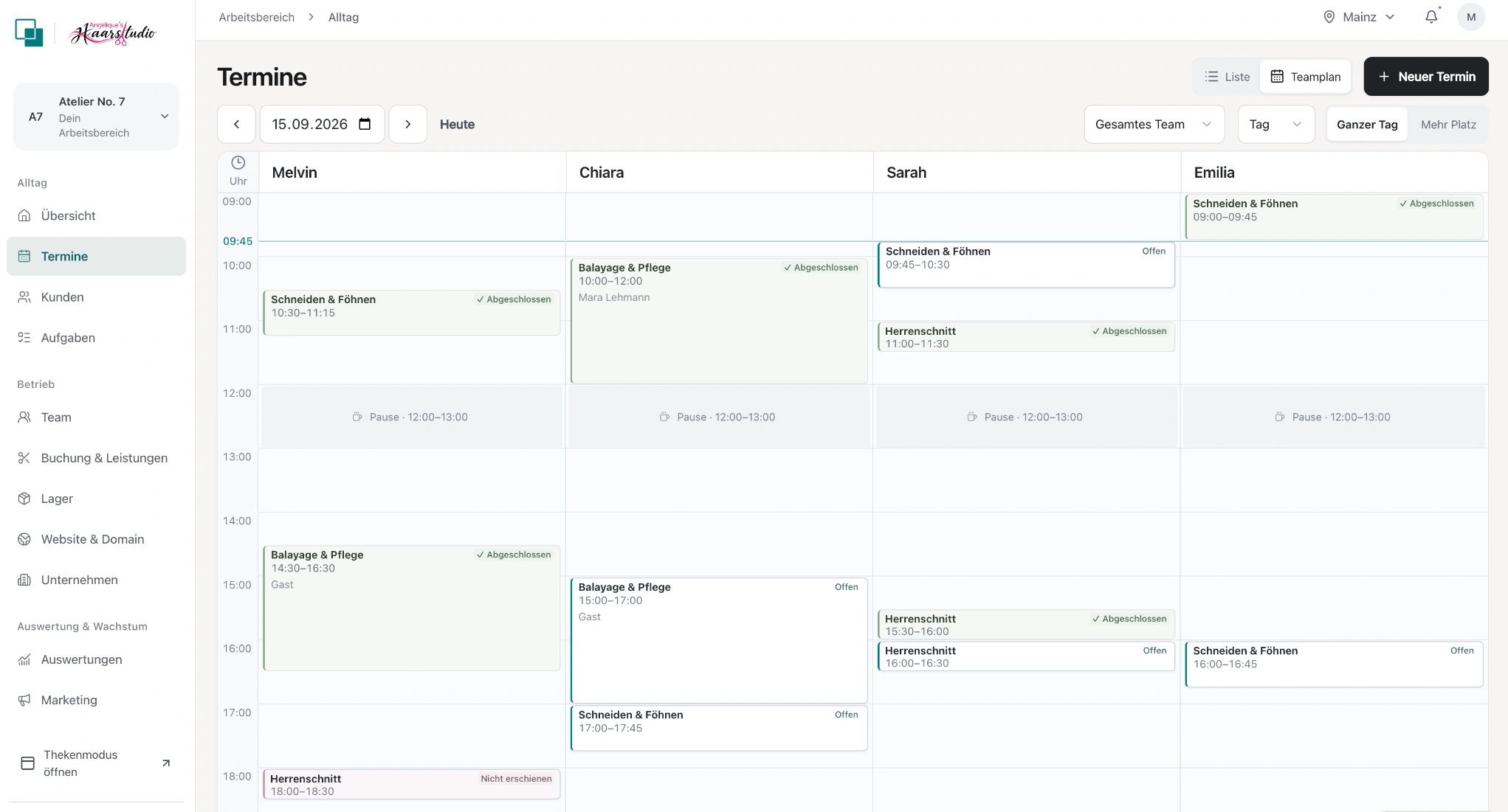 Prozessmodus – Kalender. Produktansicht mit Beispieldaten.
