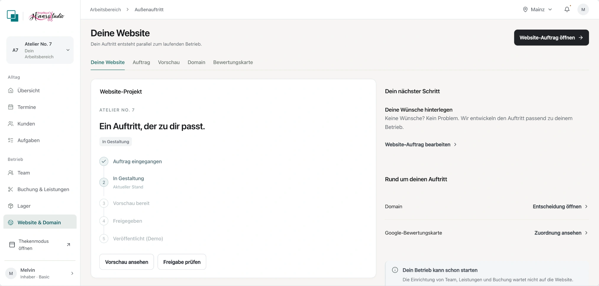 Prozessmodus – Deine Website. Produktansicht mit Beispieldaten.